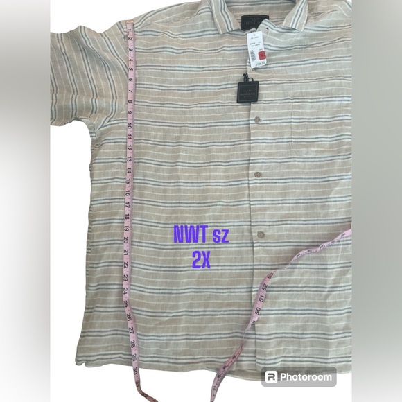 Jos A Bank Reserve LINEN Short Sleeve Button Up Shirt 2X NWT Blue Beige Stripe - Picture 8 of 13